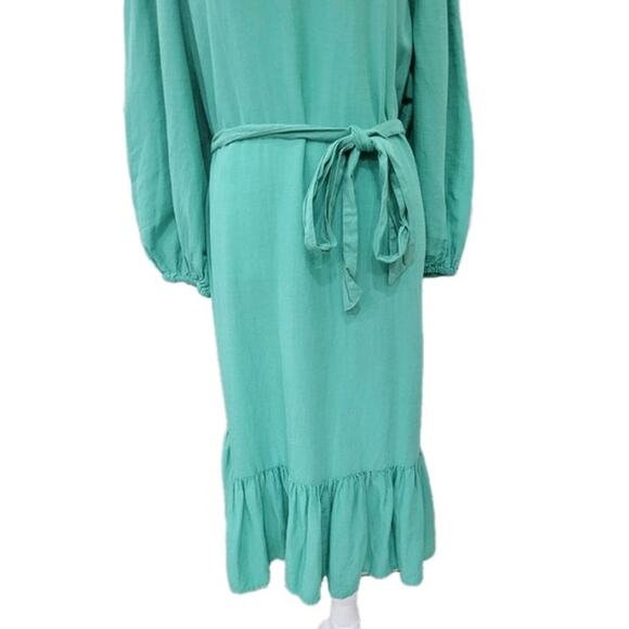 Knox Rose Knee Length Dress Women's Large Green Tie Waist Ruffles Pockets - NEW - Picture 3 of 12